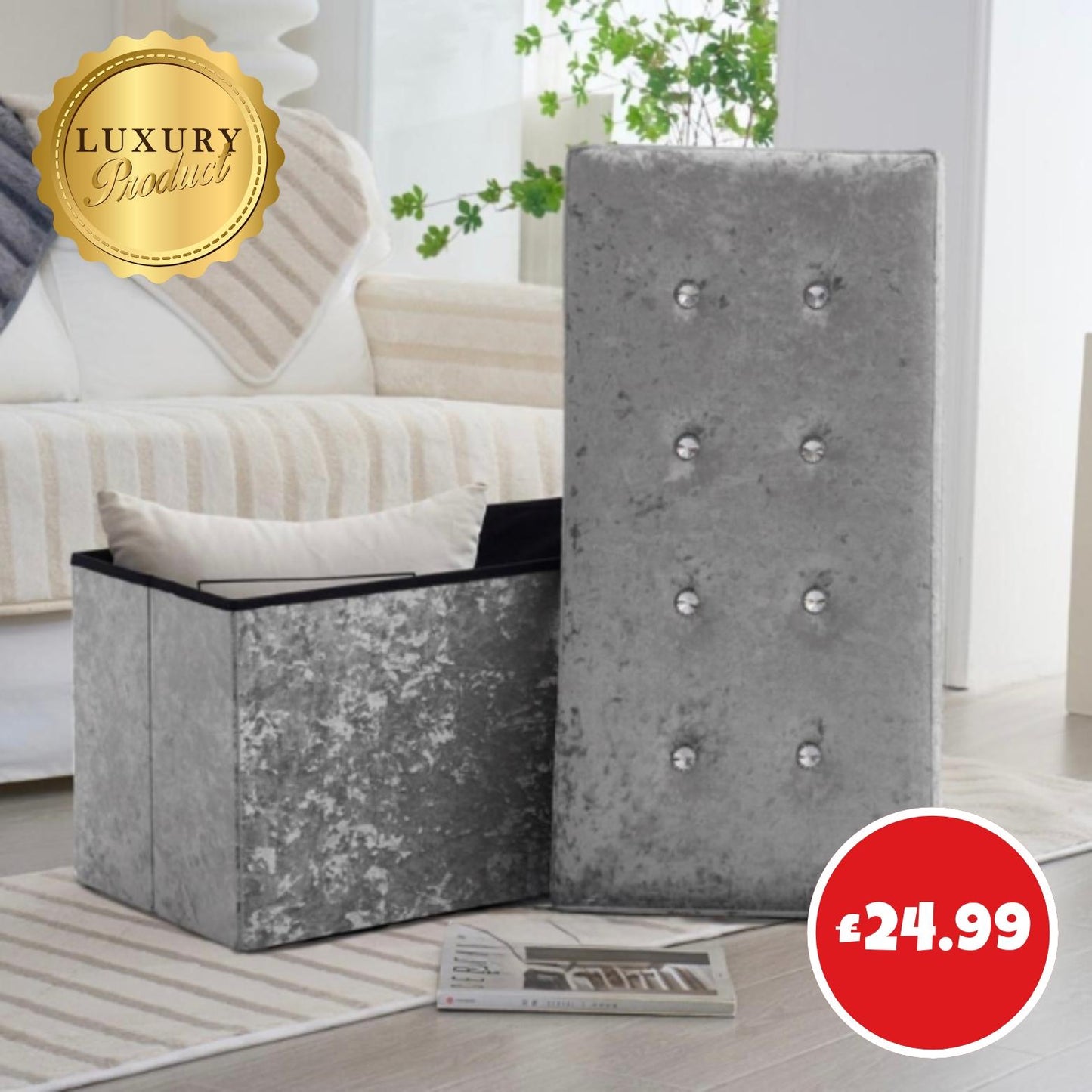 NEW Silver/Grey Luxurious Crushed Velvet Ottoman – Large Storage Box & Stylish Design