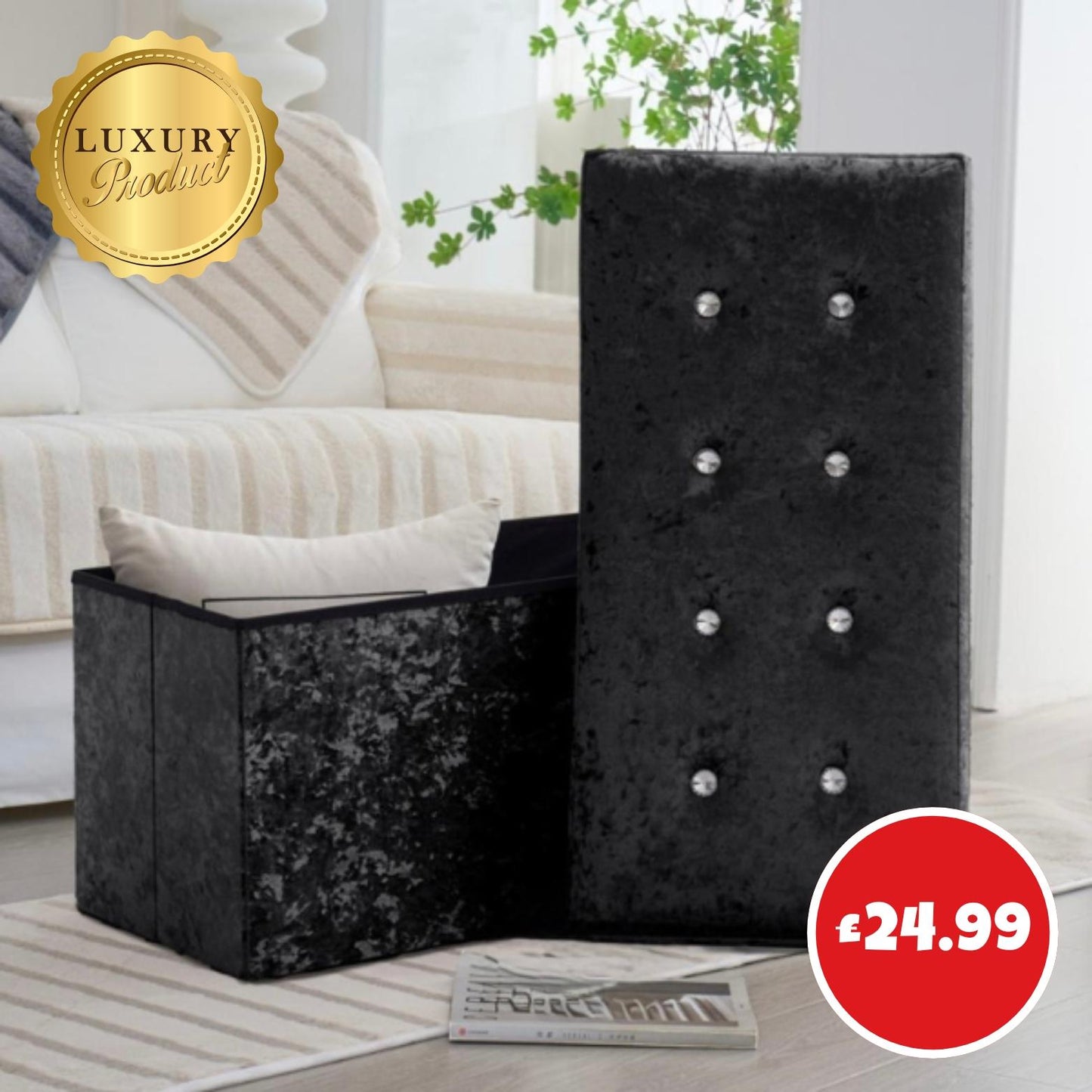 NEW Black Luxurious Crushed Velvet Ottoman – Large Storage Box & Stylish Design